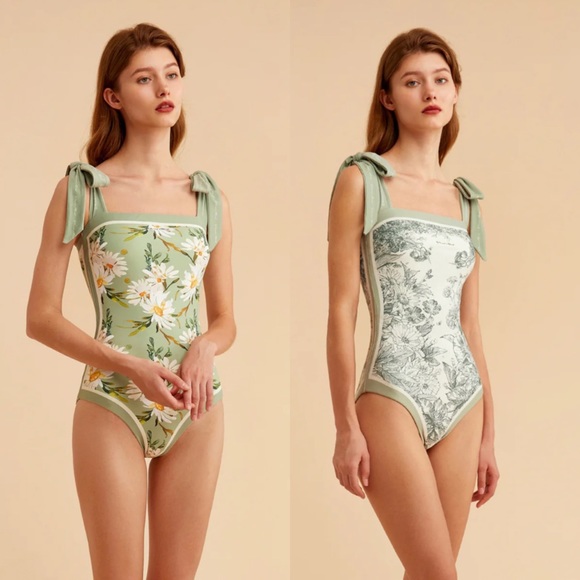 Retro Pale Green and White Floral Reversible Swimsuit with Shoulder Ties - Picture 2 of 16